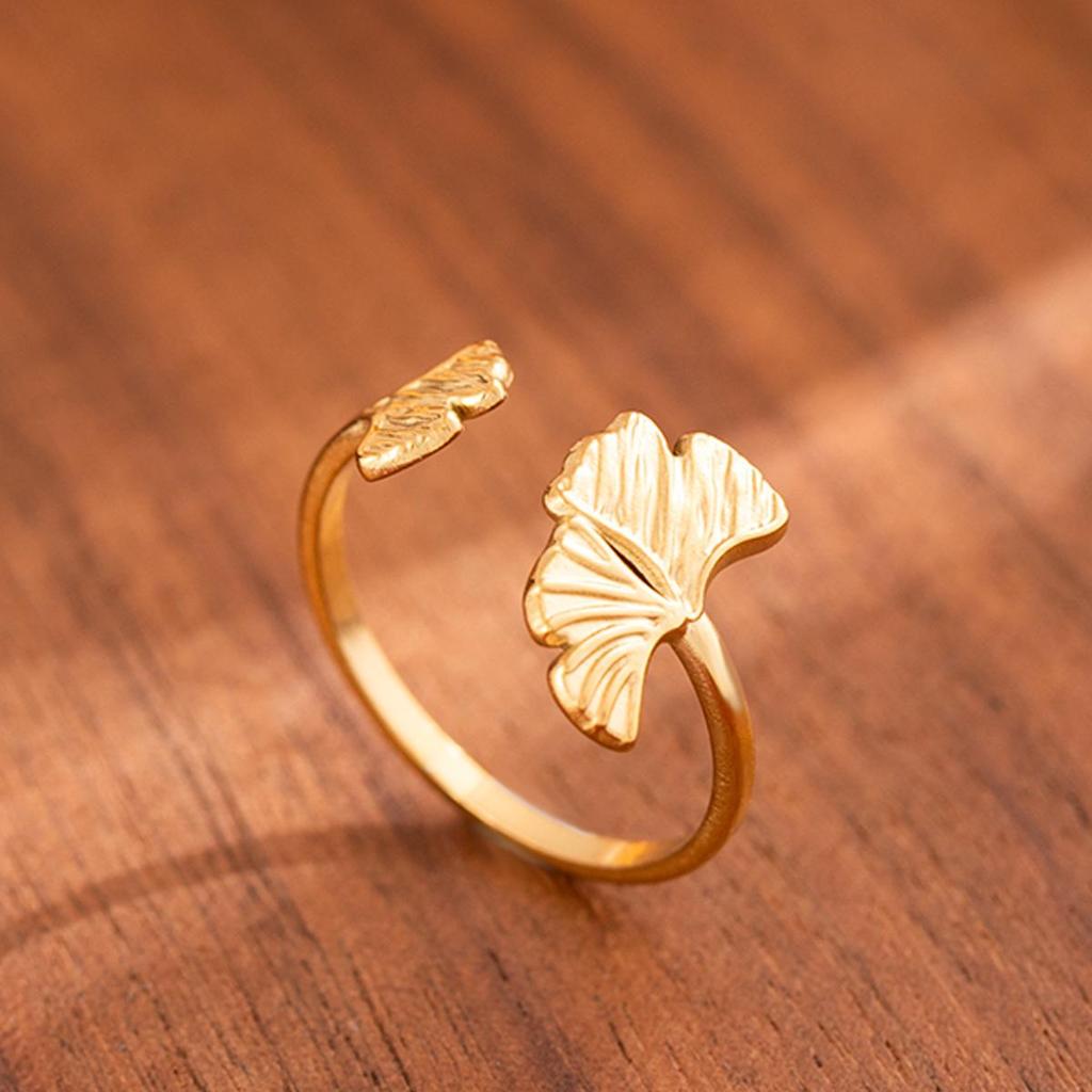 18k Gold-Plated Ginkgo Leaf Stainless Steel Open Ring