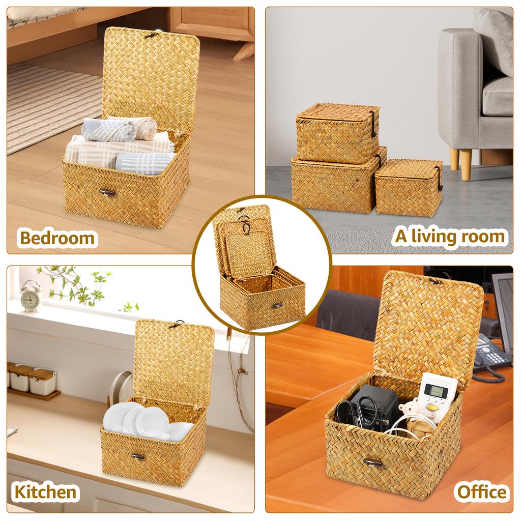 3Pcs Rectangular Woven Storage Basket with Lid  Processed Hay Handmade Shelf Basket Stackable Woven Basket Bin Desktop Organizer
