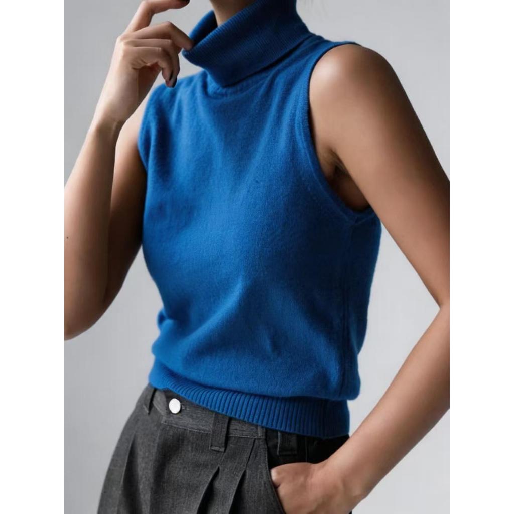 Fall New Women's Sleeveless Knit Tank Top, Simple High Neck Knit Vest Top for Women, European & American Style