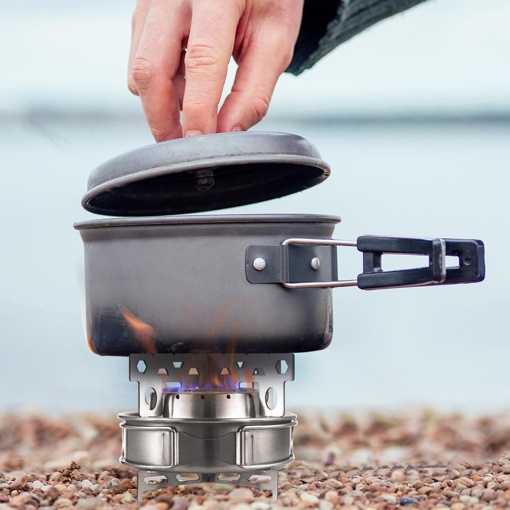 TOMSHOO Camping-Alkoholkocher mit Kreuzständer und Deckel, tragbarer Outdoor-Alkoholkocher aus Edelstahl mit klappbaren Griffen