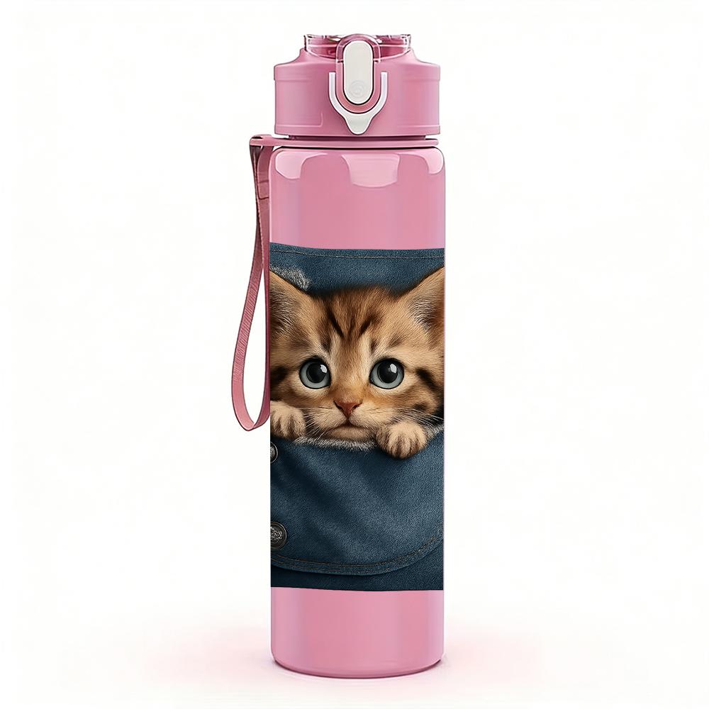 1PC Cat Peeking Canvas Bag 750ml Color Plastic Sports Water Bottle Leakproof Flip Straw Lid For Sports Office Home Use
