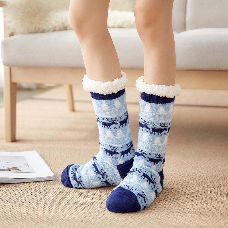Winter Warm Socks Women Plush Soft Female Non Grip Floor Slippers Short Sock Fuzzy Fluffy Deer Elk Bear Christmas Gift