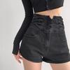 Women's Light Blue High-Waist A-Line Denim Shorts: 2025 Korean Summer Style, Elastic Waist, Casual Black Wide-Leg Design
