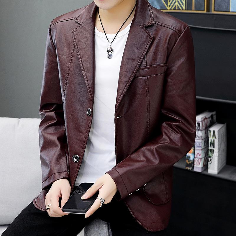 Męska Gruba Skórzana Kurtka z Klapami - Slim w Stylu Koreańskim, Casualowy Kołnierz Garniturowy, Modna Plus Aksamit na Jesień/Zimę