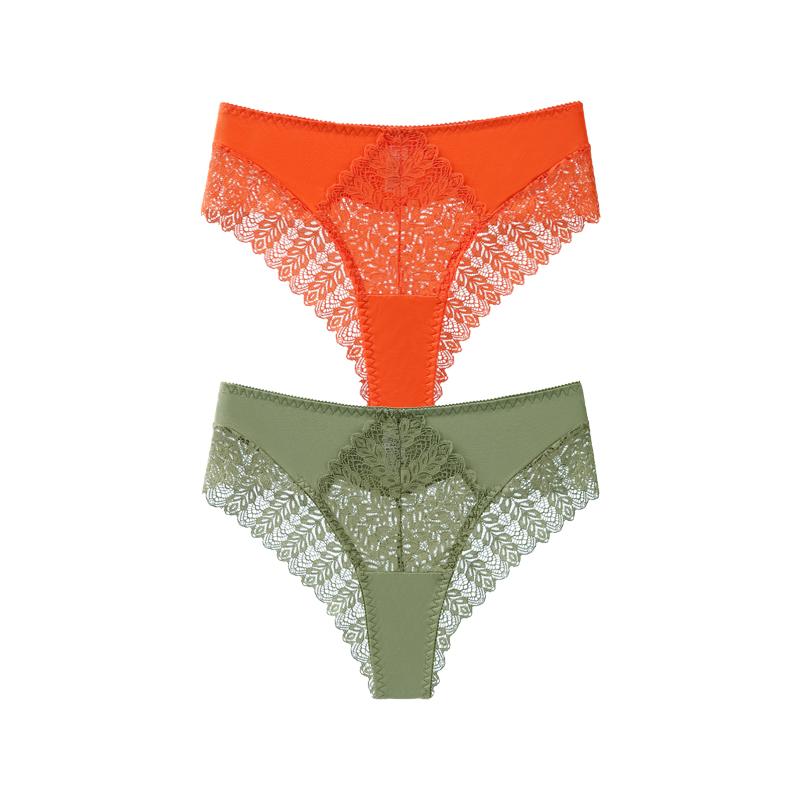 TERMEZY 2Pcs/Lot Sexy Mid Rise Patchwork Briefs Hollow-out Lace Pattern Panties Solid Color Breathable Skin-fit Briefs