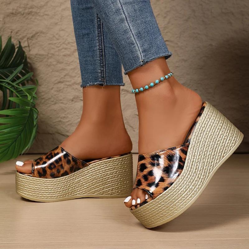 Sexy Gold Leopard Sandals Women Summer 2025 Chunky Platform Wedge Heels Slippers Shoes Woman Comfort Light Weight Outdoor Slides