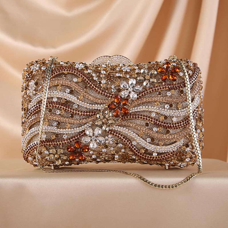 

Luxury Crystal Evening Clutch Bag Gold Metallic Box Flower Minaudiere Women Champagne Handbags Party Prom Ladies Clutches 20cmX18cmX8cm