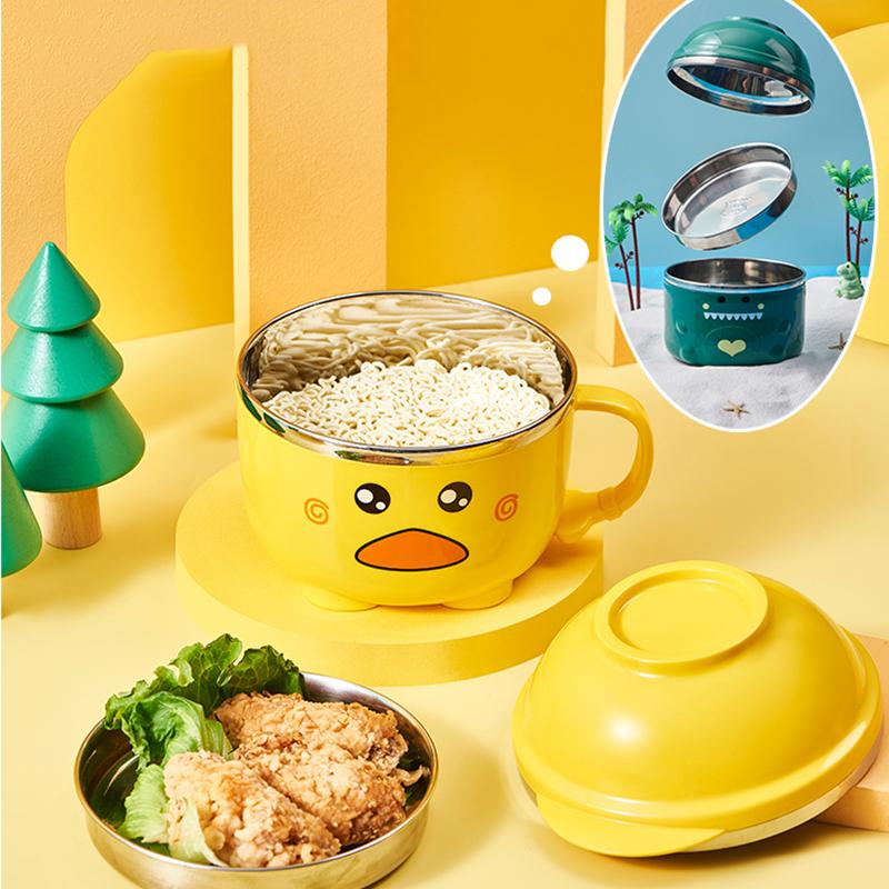 Bol Ramen Rață Drăguță 900/1200ml cu Capac Oțel Inoxidabil Kawaii Strat Dublu Bucătărie Tăiței Salată Fructe Orez Supă Veselă