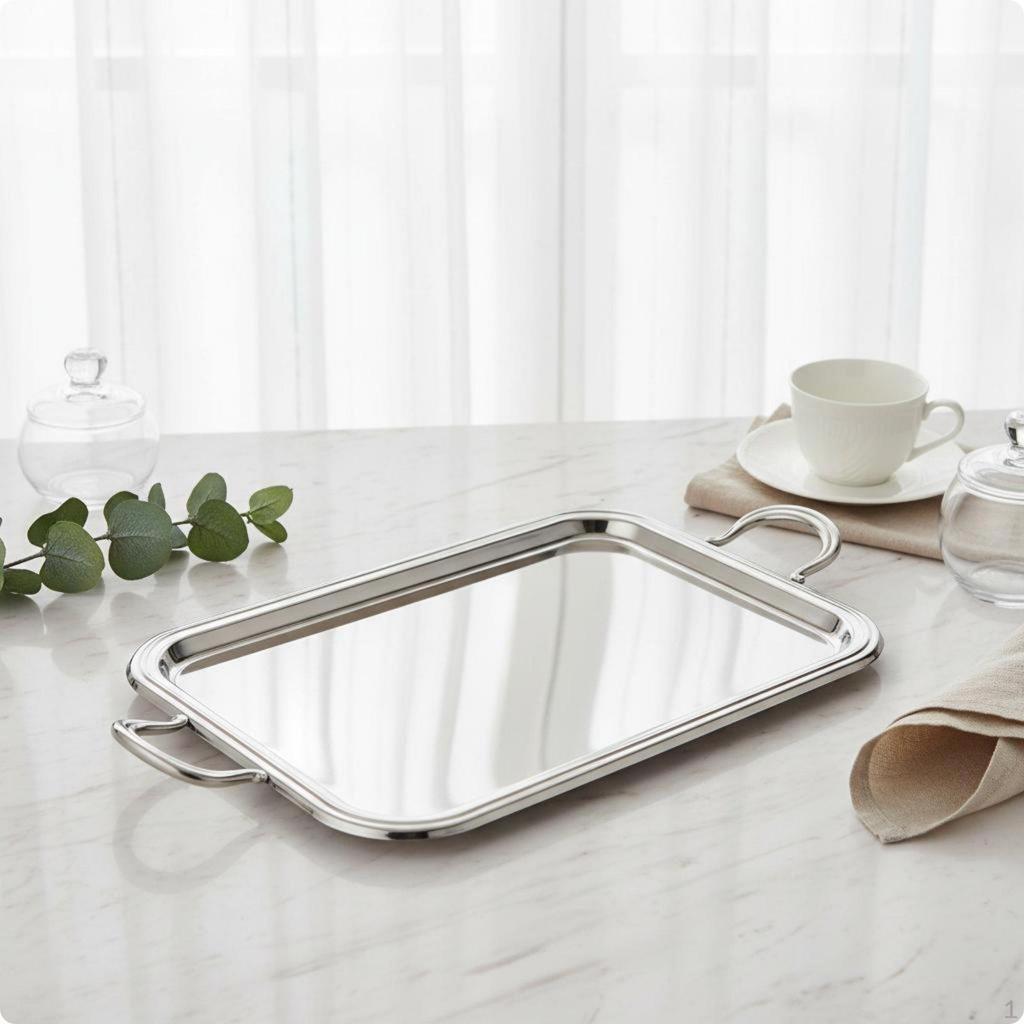 Stainless Steel Serving Tray European Design Rectangular Handled Multipurpose Silver Metal