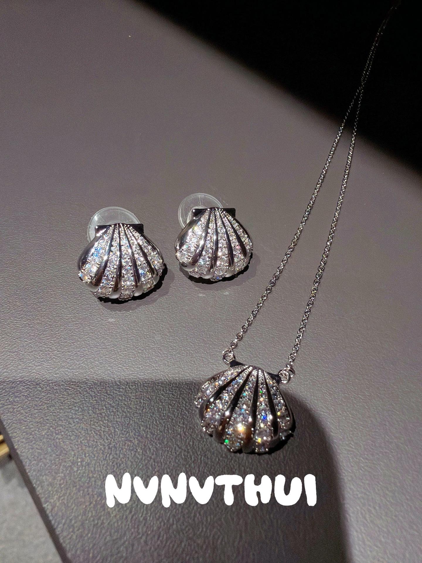 Jewelry, Point Diamond Hammer, Sea Shell Flash Diamond Necklace, Rich Daughter, Bright Shell Full Diamond Earrings Set