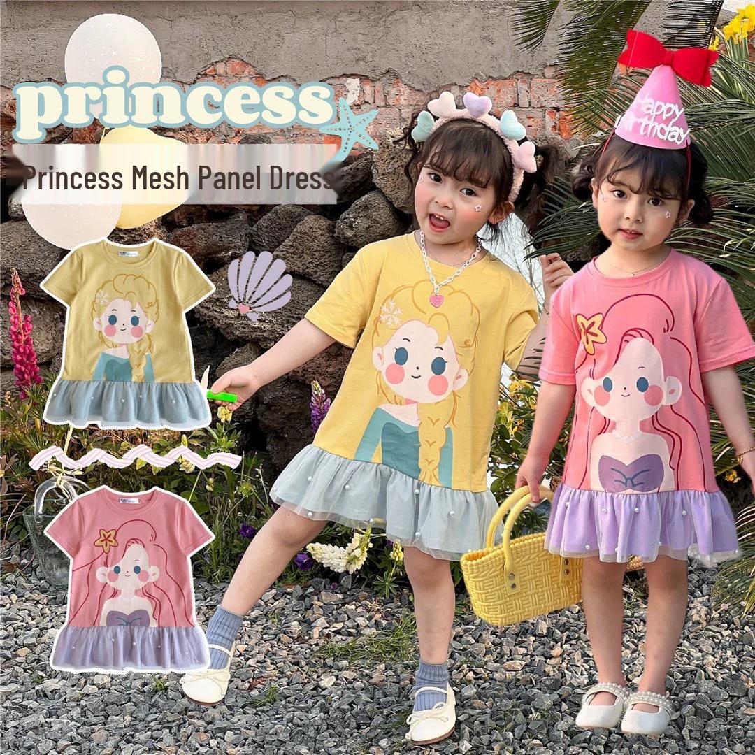 

Girls 2024 Summer Princess Patchwork Mesh Cartoon Dress 130 cm рожевий