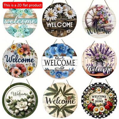 Vintage Welcome Flower Plant Sign, Round Wooden Wreath Sign for Home Room Farmhouse Porch Bar Cafe Wall Decor, Gift for Friends