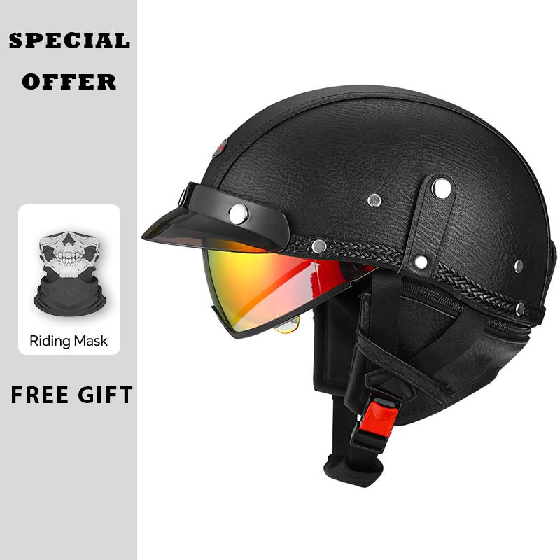High Quality Brown Leather Half Face Helmet for Motorcycle Electric Scooter DOT ECE Approved Men Women Moto Half Helmet