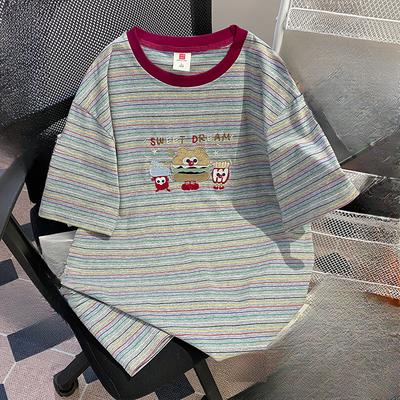 Übergroßes gesticktes gestreiftes Kurzarm-T-Shirt für Damen-Sommeroberteil