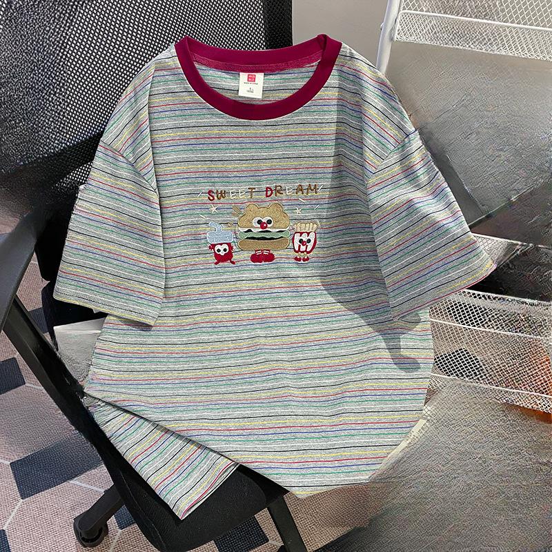 

Женская летняя футболка с коротким рукавом большого размера в полоску с вышивкой 4XL