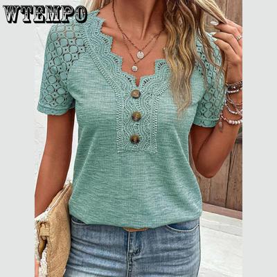 Plus Size Elegant Top Women's Plus V Neck Button Decor Lace Short Sleeve Semi Sheer T-shirt