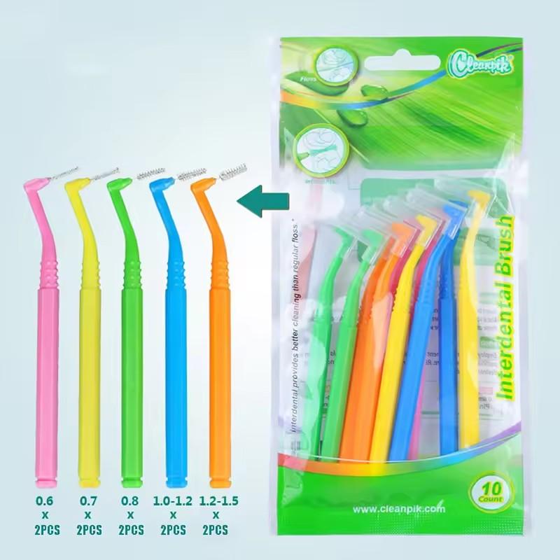 

10pc Interdental Brush 0.6-1.5mm L-Shaped Interdental Brush Plastic Portable Brush Non-Slip Handle Eyelash Teeth Clean Oral Care