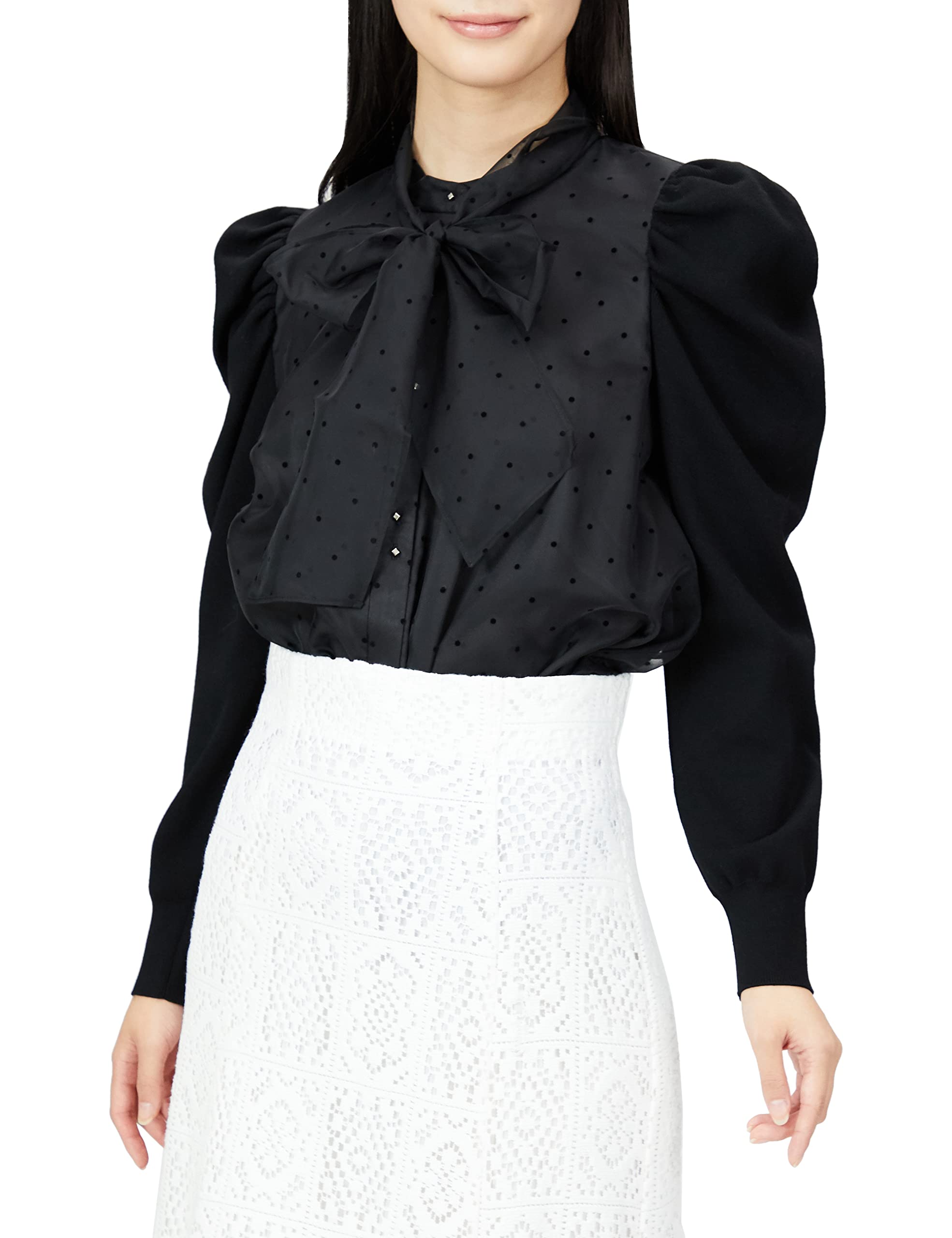 

Selford Knit Combination Organza Blouse CWFB225048 Size 36 Women s Black, чорний