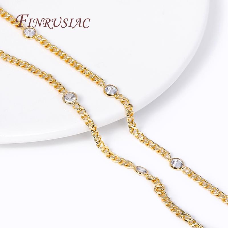 Trendy Loose Chain 18K Gold Plated Brass Mental With Zircon Crystal Beads Chains For DIY Handmade Jewelry Making Accessories