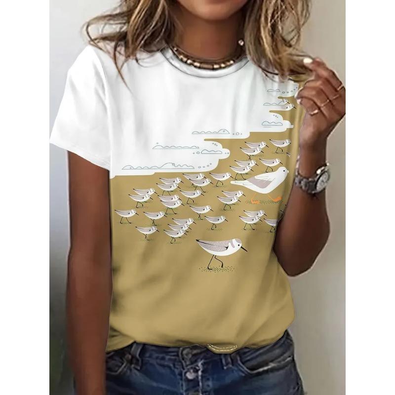 Summer Round Neck 3D Bird Graphic Print Top Fashionable Casual Short Sleeved Women's T-shirts