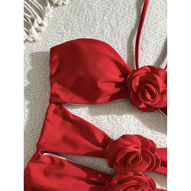Einfarbige 3D-Blumen Neckholder Rückenfreie Bademode Sexy Einteiliger Badeanzug Damen Bade- Schwimmanzug Tragen Ausgeschnittene Bikinis
