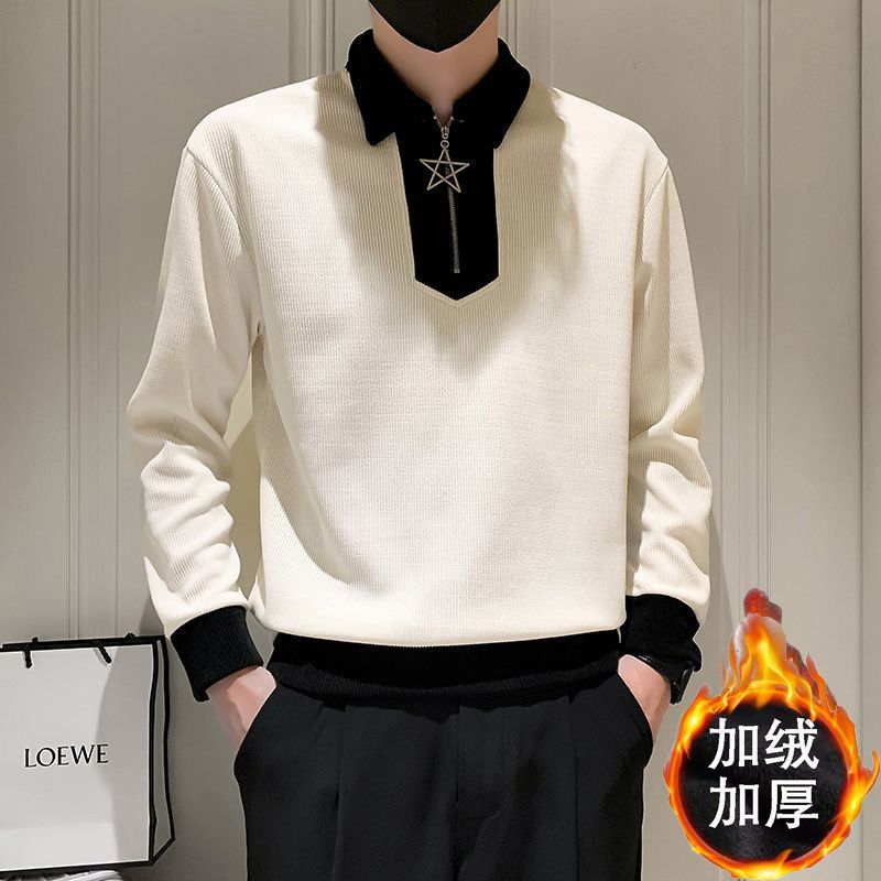 

Autumn Winter New Trendy High End Sense Long Sleeve Fleece Lined Thickened Sweatshirt Men Ruffian Handsome Casual Versatile Top L белый