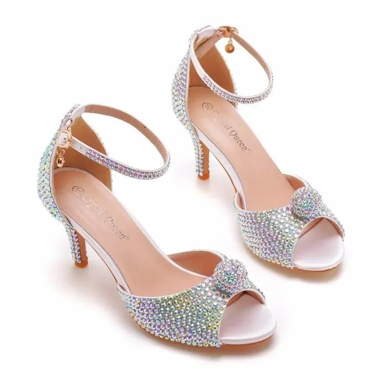 Riemchen Sandalen Party Strass PU 7CM Dünne Absätze Schnalle Braut Hochzeit Farbiger Diamant Damen Pumps