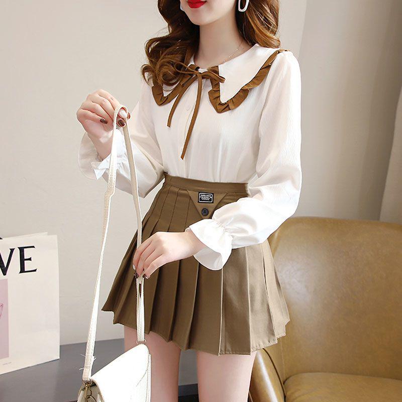 Women's Two-Piece Set: College-Style Doll Collar Shirt and High-Waist Pleated Skirt
