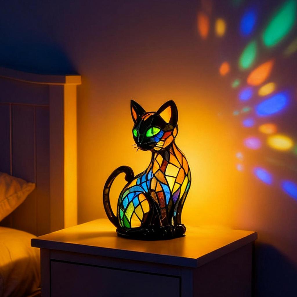 Cat Lamp Cat Bedside Lamp Led Nightlight Resin Sculpture Spooky Home Decor for Indoor Shelf Apartment Bedroom Bedside Nightstand