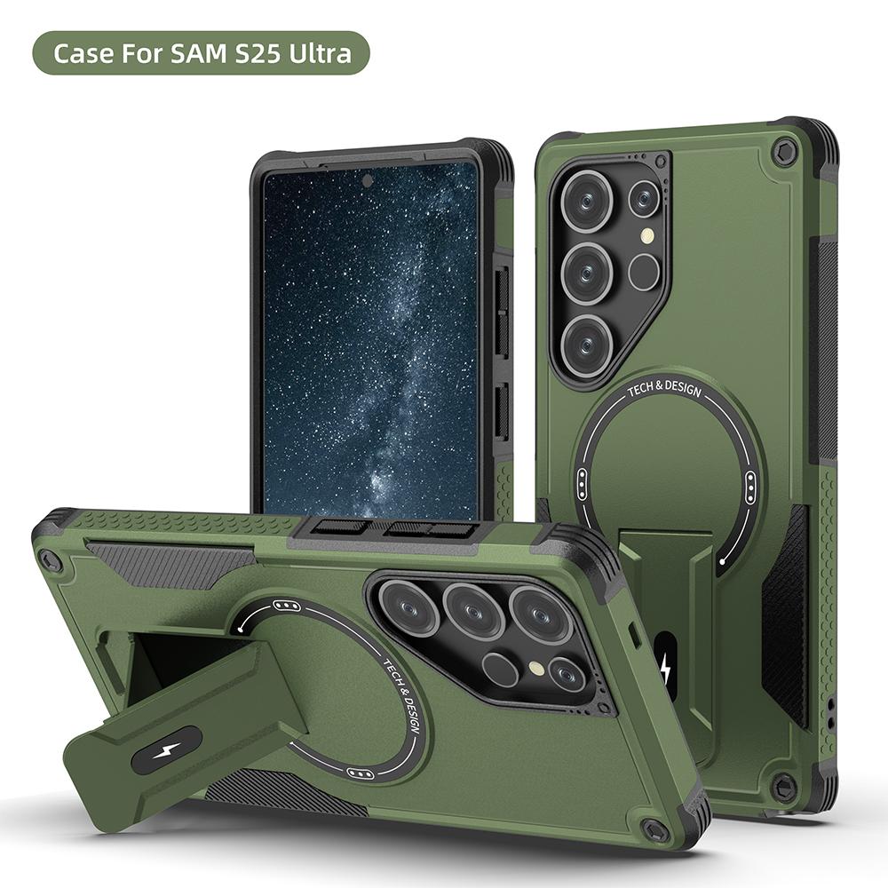Fold Stand Holder Magnetic Armor Case For Samsung S25 Ultra S24 Plus Wireless Charging Invisible Bracket Shockproof Hard Cover