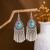 Turquoise Bohemian Owl Feather Tassel Earrings - Bronze Geometric Carved Design with Palm and Dreamcatcher Elements