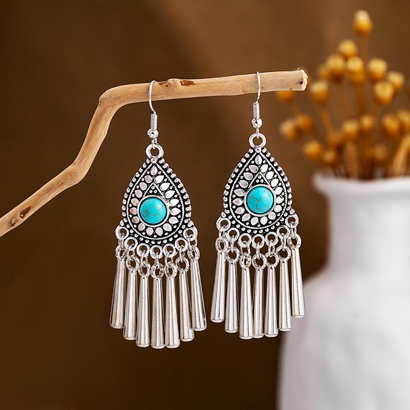 Turquoise Bohemian Owl Feather Tassel Earrings - Bronze Geometric Carved Design with Palm and Dreamcatcher Elements
