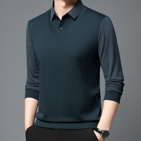 Men Fall Winter Top Fake Two-piece Pluish Lined Turn-down Collar Formal Business Style Shirt Mid-aged Men Father Office Work Clothes