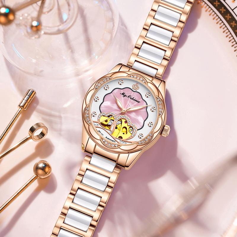 New Luxury Design Women's Watch Diamond Ceramic Stainless Steel Strap Montre Femme Automatic Mechanical Relojes Para Mujer