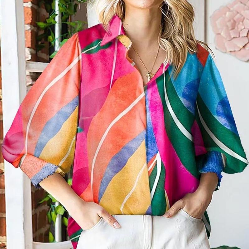 Summer New Lantern Sleeve Printed Women's Shirts Tops Turn Down Collar Elegant Casual Loose Blouse for Women Fashion Slim Button Up Female Shirt 26382