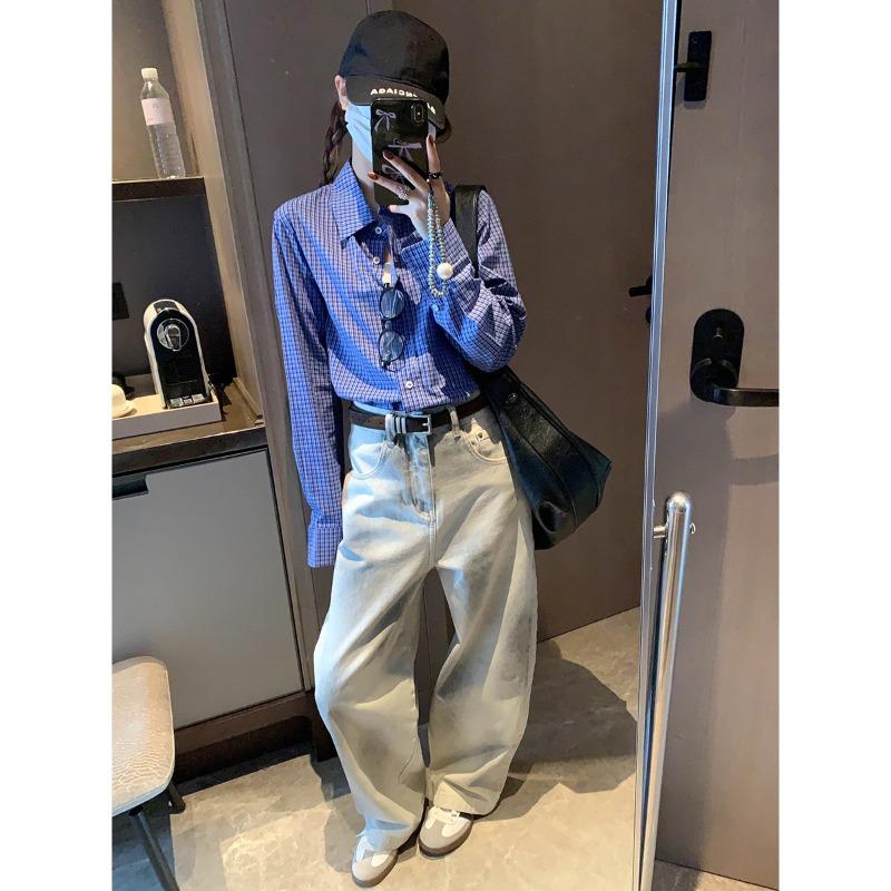 Mochie Korean Style Blue Plaid Shirt with Dog Embroidery - Spring Collection Large