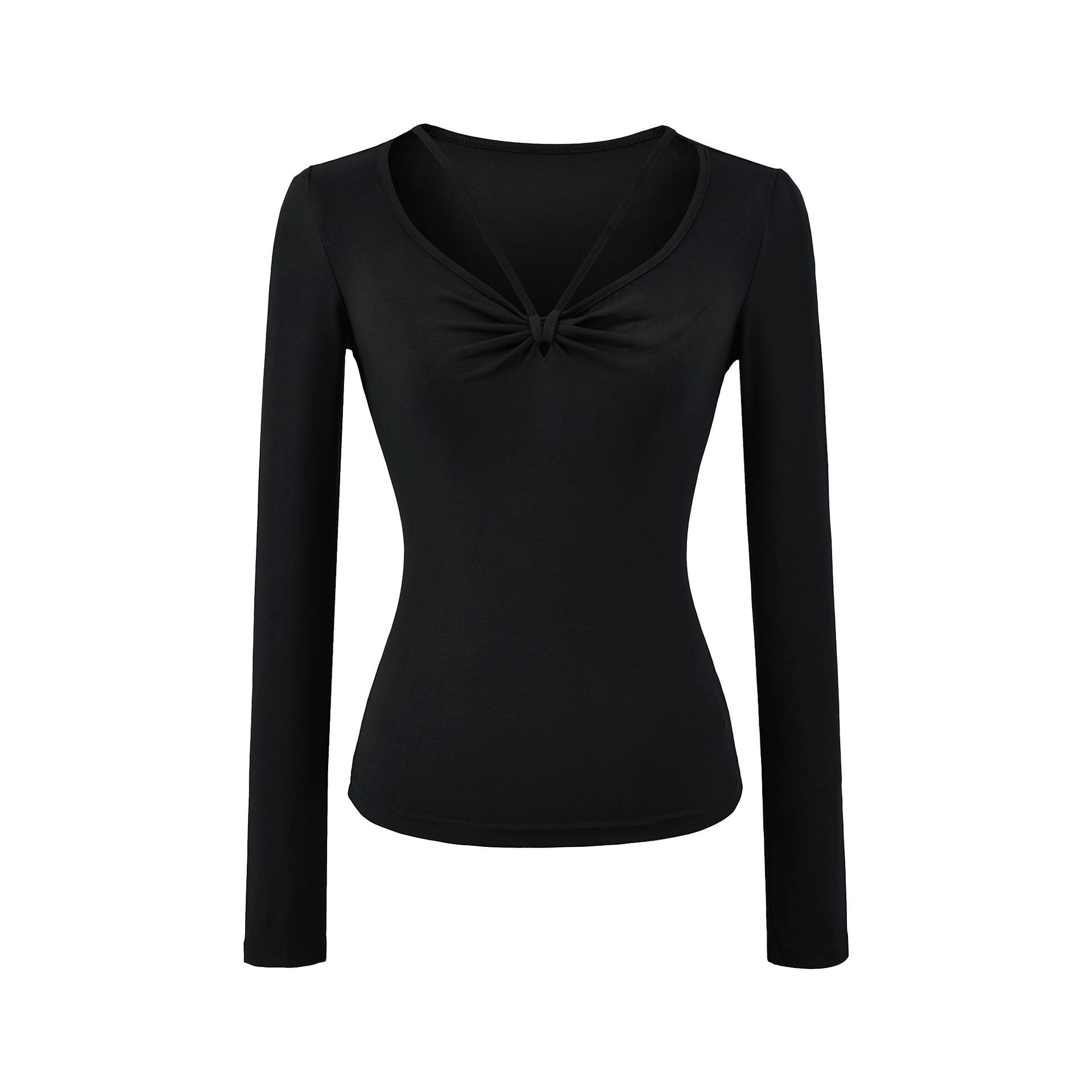 Pure Desire Deep V-neck Twist Shoulder Long Sleeve Korean Style Waist-Cinching Slimming Top Medium чёрный