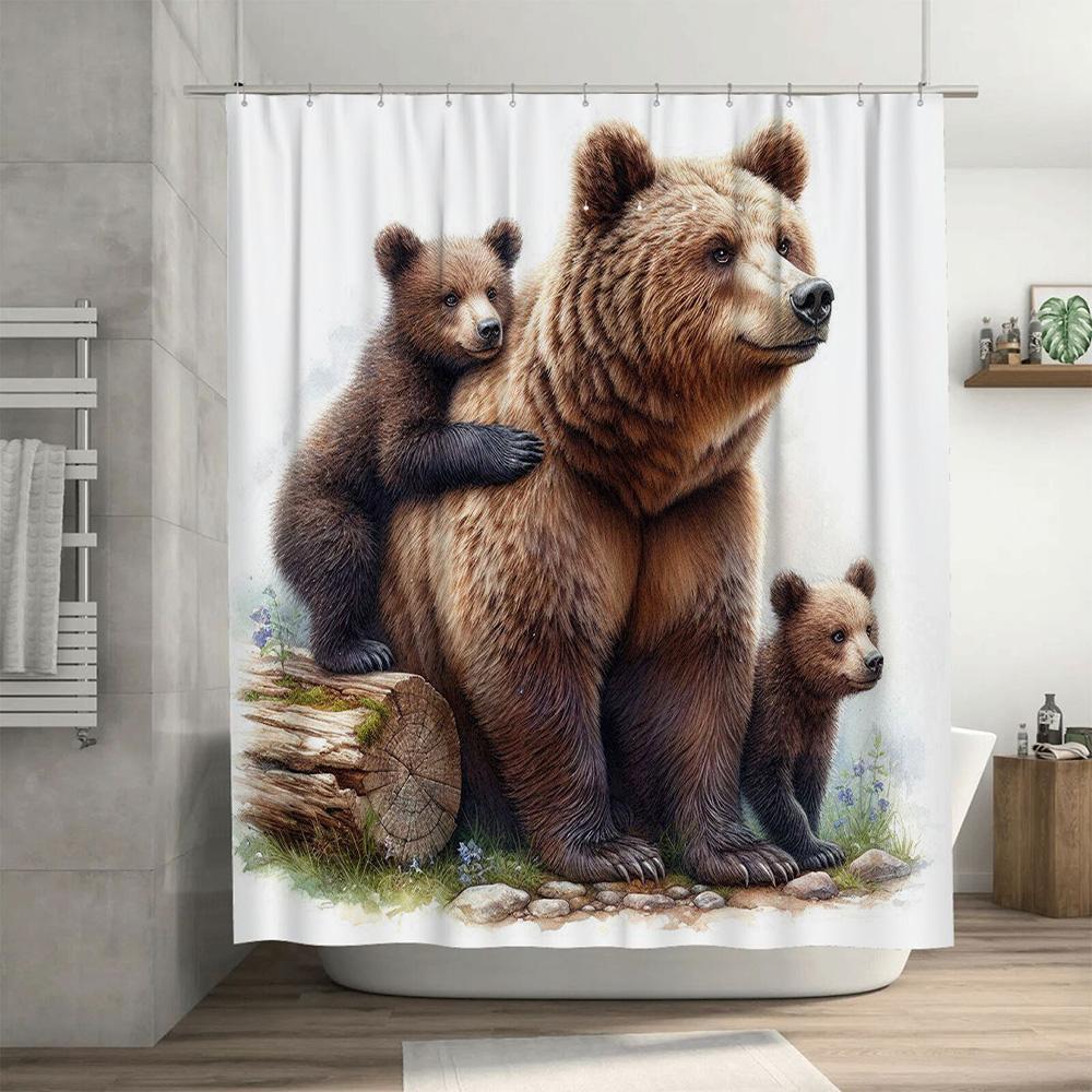 3D Printed Shower Curtain Featuring a Mother Bear with Her Cubs Waterproof Fabric Bathroom Decoration for Home Decor