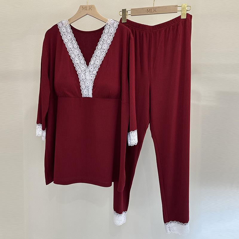Spring V-neck Long-sleeve Pajama Set with Built-in Bra Pads - Plus Size