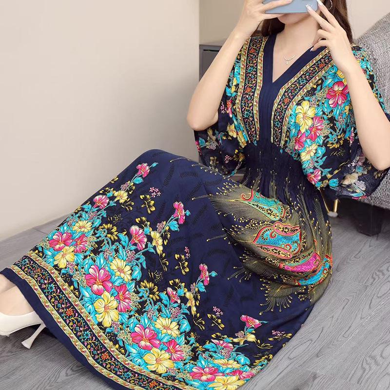 25th Anniversary Ethnic V-Neck Rayon Short Sleeve French-Thai Print Holiday Dress for Women