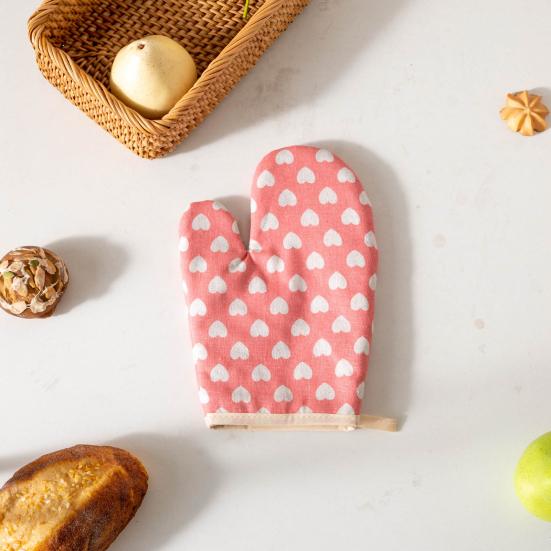 Thickened Cotton Oven Mitts with Heart Print Heat-Resistant Baking Gloves for Microwave Grill & Cooking Non-Slip Breathable Kitchen Essential