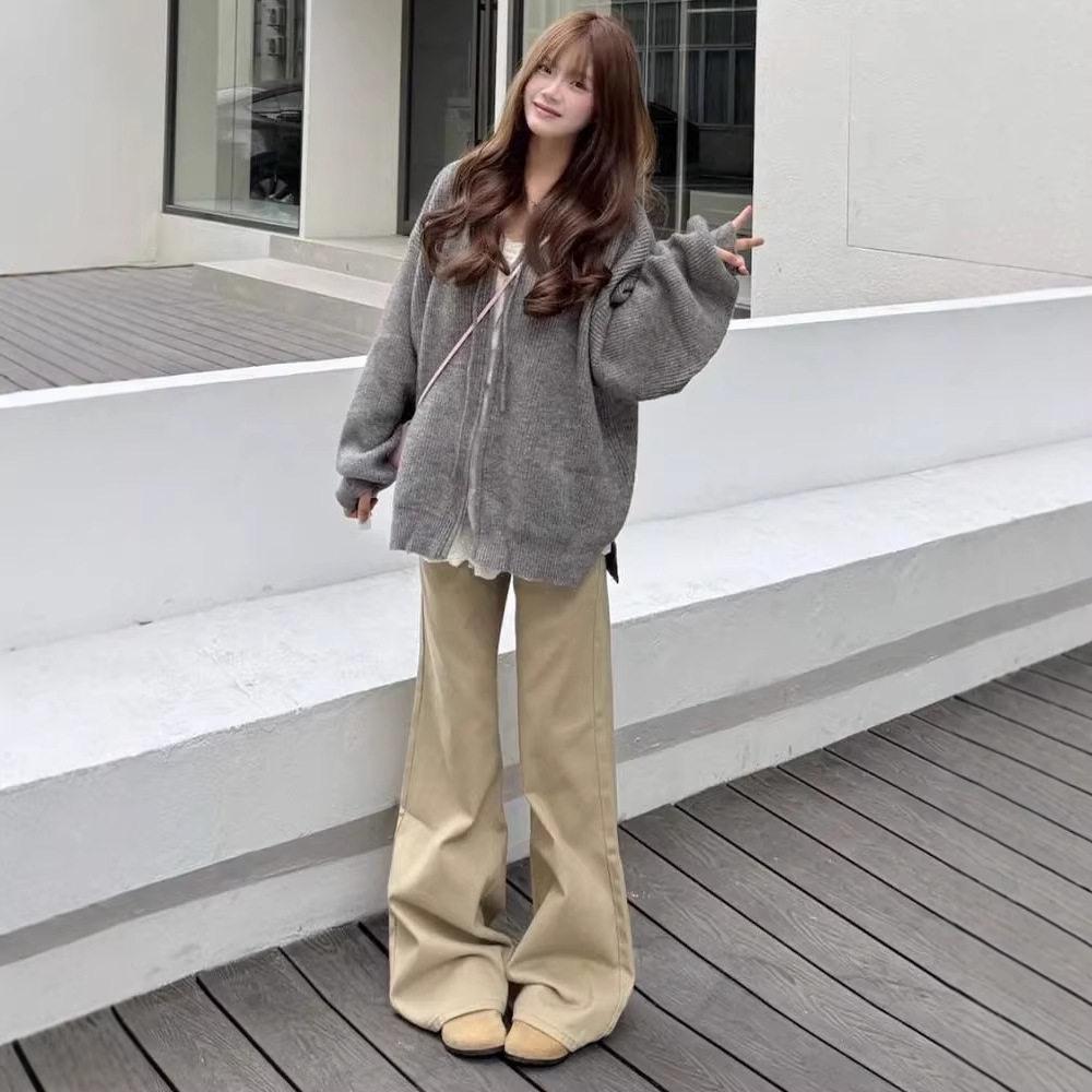 Women s Retro Khaki Low-Waist Straight Jeans - Autumn/Winter 2025 Micro-Flare Slimming Wide-Leg Style XL