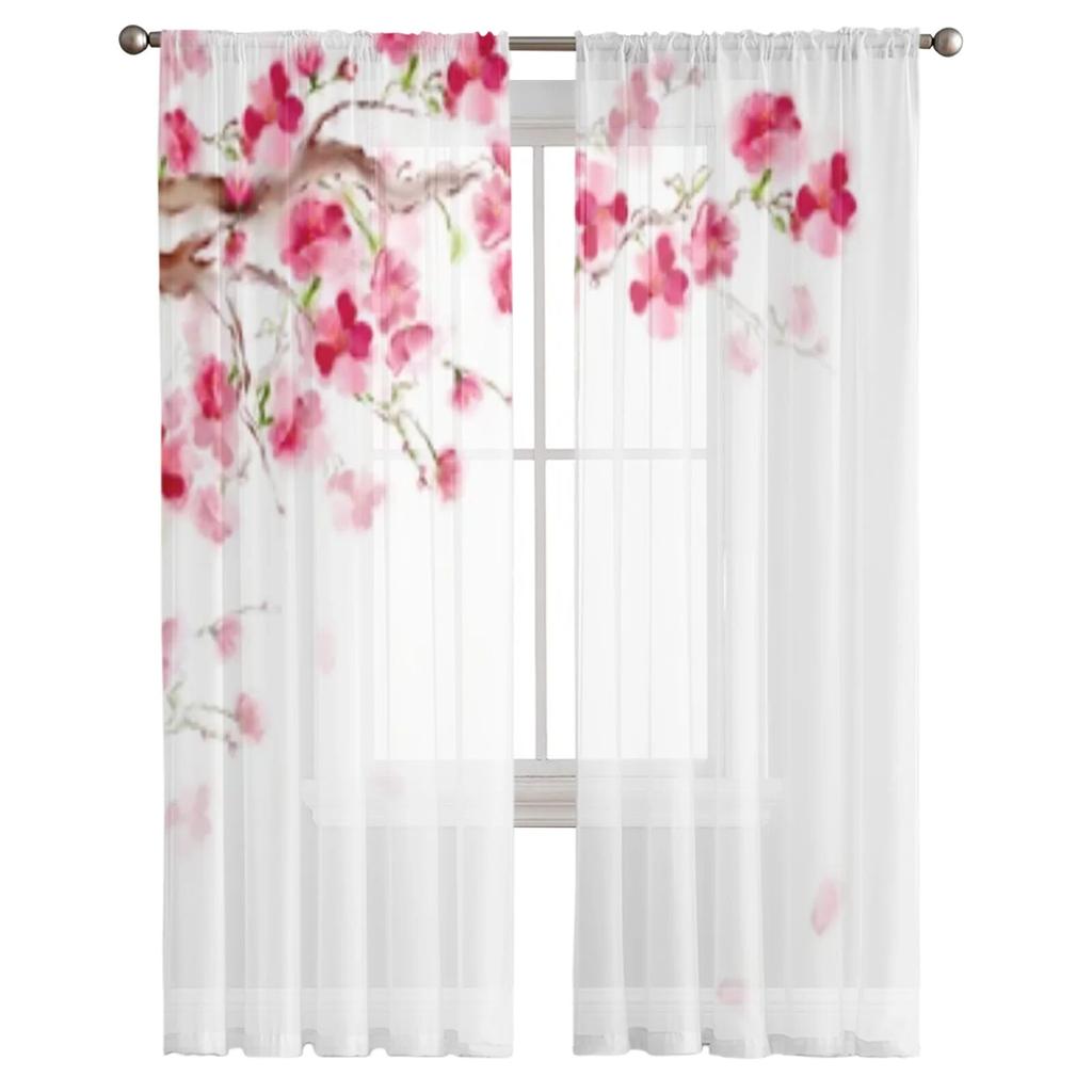 Blooming Sakura Japan Cherry Branch Sheer Curtains For Living Room Window Transparent Voile Tulle Curtain Bedroom Drapes
