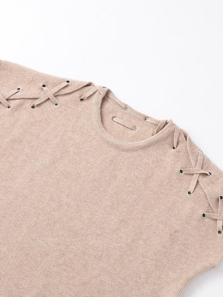 European and American style, new women's clothing, foreign style short-sleeved crew neck shoulder detail knitted sweater 5755011