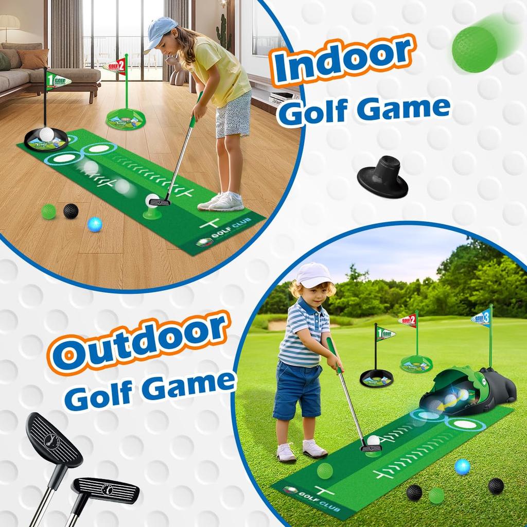 Kids Toy Golf Club Set with  LED Automatic Ball Returner, Golf Putting Mat Toddler Mini Golf Game Sports Gift for 3+  Boys Girls