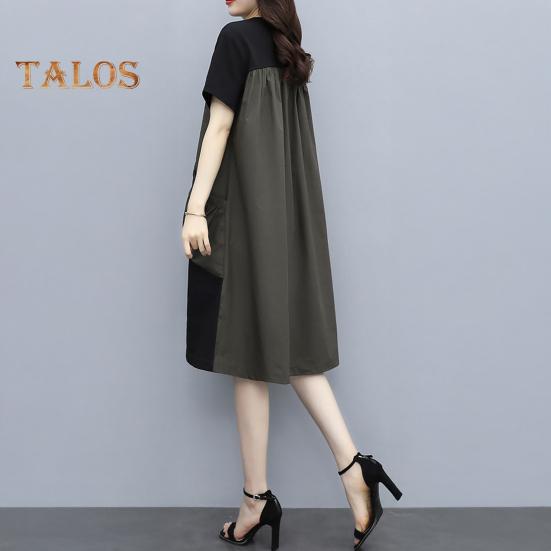 Women Midi Dress Round Neck Short Sleeve Loose Fit Summer Dress with Pockets Patchwork Color Lightweight Casual Dress