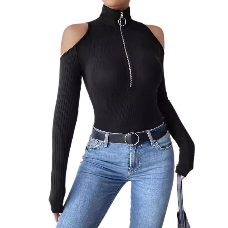 Elegant Women's Solid Color Pit Free Zipper Stand Collar Off-shoulder Long-sleeved T-shirt Slimming Top