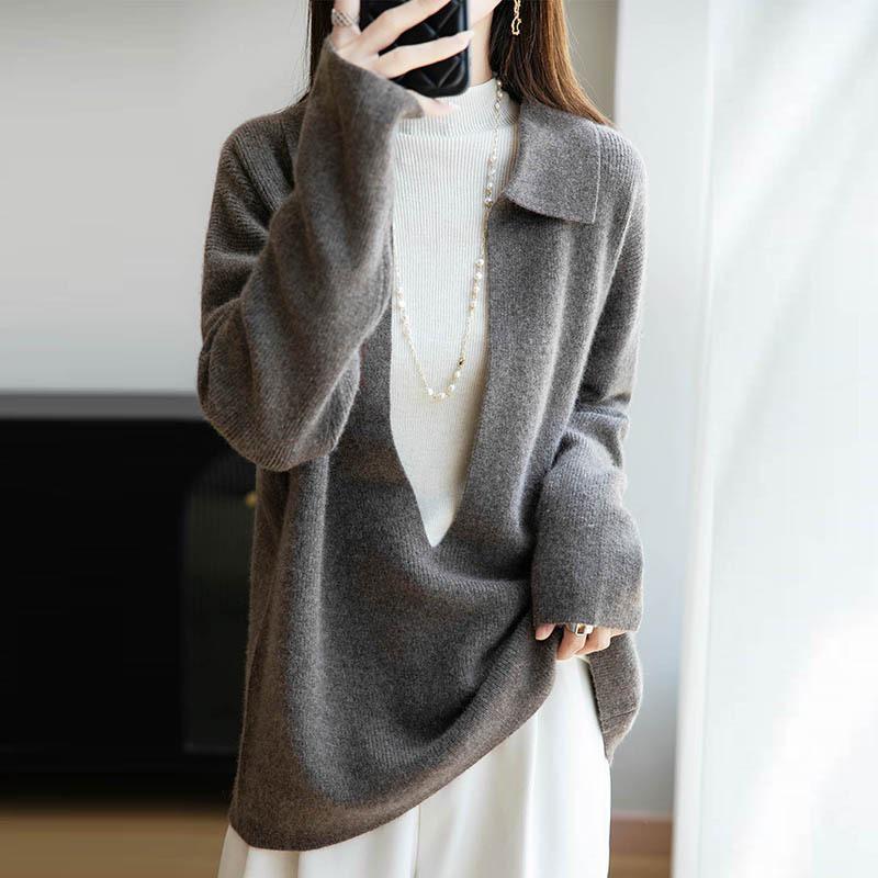 Women's POIO Collar Wool Sweater: Casual, Autumn/Winter, Long Sleeve, Loose, Slimming, Versatile Knit Pullover.