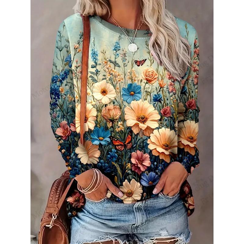 Bright Vibrant Flower 3d Graphic Print T-Shirt Women Fashion Casual Oversized Long Sleeve T-shirt Women Clothes Blossom Tops Tee