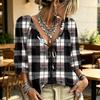 Women's Plaid Print V-Neck Blouse with Ruffle Trim, Tie Front and for Casual Wear